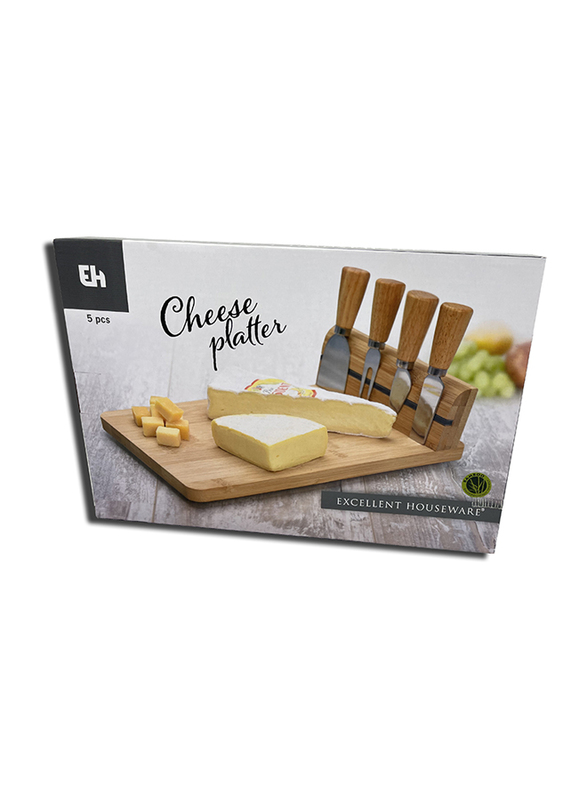 Excellent Houseware Cheese Board Bamboo with 4 Knives, Brown