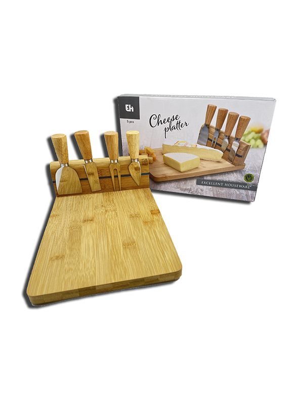 Excellent Houseware Cheese Board Bamboo with 4 Knives, Brown