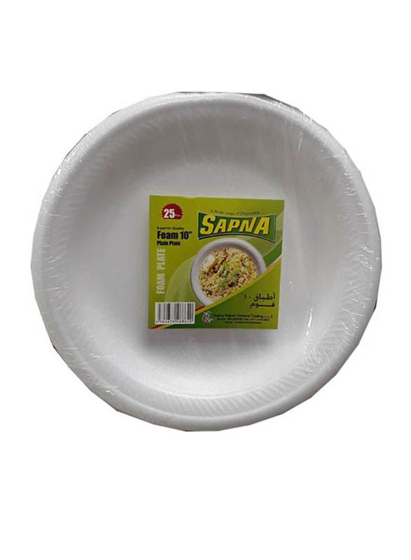 Sapna 10-inch 25-Piece Foam Round Disposable Plain Plate, White