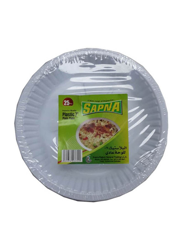 Sapna 7-inch 25-Piece Plastic Round Disposable Plain Plate, White