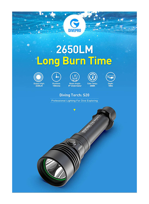 DivePro S20 Long Burntime Diving Torch, Black
