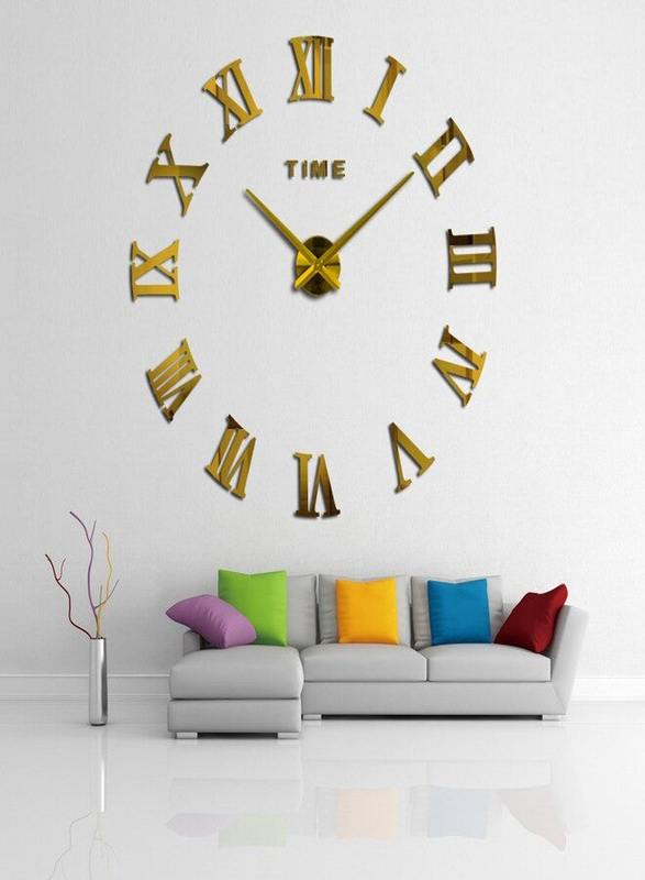 3D Acrylic Sticker Frameless DIY Wall Clock with Roman Numbers, Gold