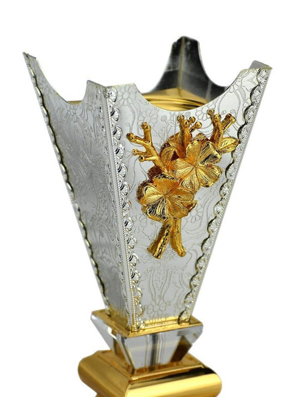 Intense Corner Flower Design with Bird Lid Incense Burner for Ramadan, Silver/Gold