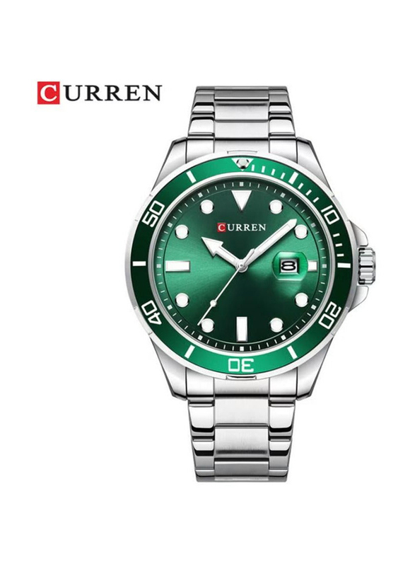 Curren Classic Luminous Analog Watch for Men with Stainless Steel Band, Water resistance, Silver-Green