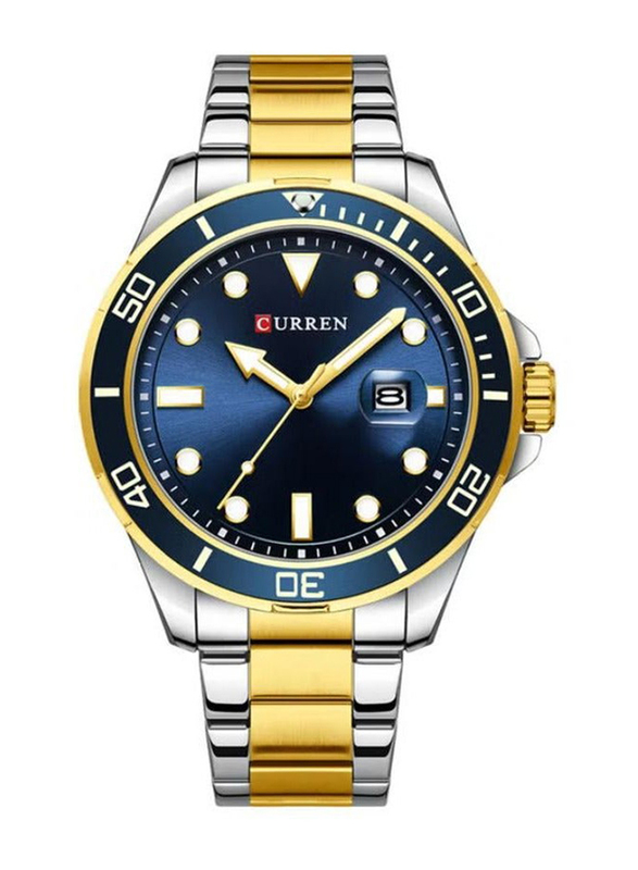Curren Classic Analog Watch for Men with Stainless Steel Band, Water resistance, Silver/Gold-Blue