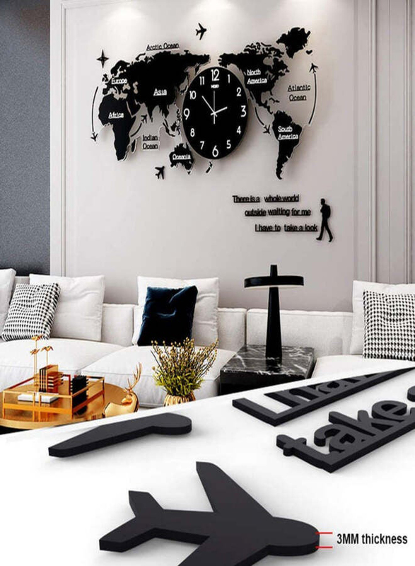 DIY 3D World Map Acrylic Wall Clock Decor, Black