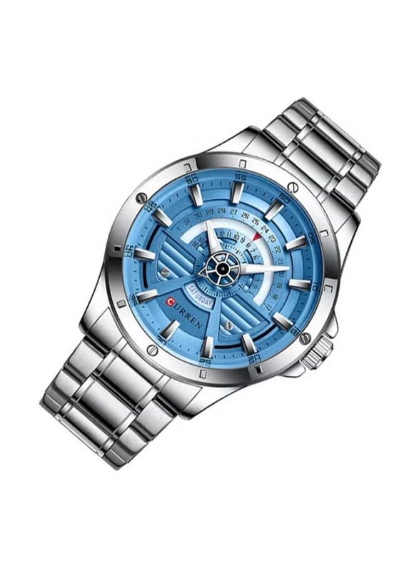 Curren Day Date Quartz Analog Watch for Men with Stainless Steel Band, Water Resistant, 8381, Silver-Blue
