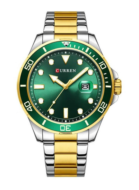 Curren Classic Luminous Analog Watch for Men with Stainless Steel Band, Water resistance, Gold/Silver-Green