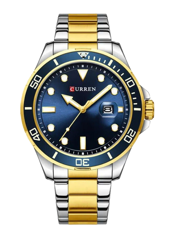 Curren Classic Analog Watch for Men with Stainless Steel Band, Water resistance, Silver/Gold-Blue