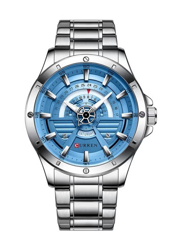 Curren Day Date Quartz Analog Watch for Men with Stainless Steel Band, Water Resistant, 8381, Silver-Blue