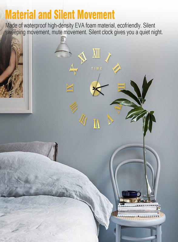 3D Acrylic Sticker Frameless DIY Wall Clock with Roman Numbers, Gold