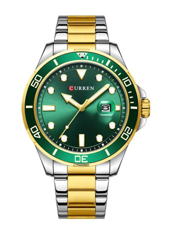 Curren Classic Luminous Analog Watch for Men with Stainless Steel Band, Water resistance, Gold/Silver-Green