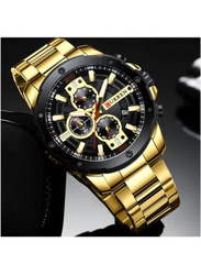 Curren Quartz Analog Watch for Men with Stainless Steel Band, Water Resistant and Chronograph, J4057G-KM, Gold-Black