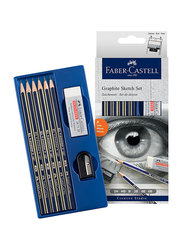 Faber-Castell 8-Piece Graphite Sketch Wooden Pencil Set, with Sharpener and Eraser, White/Grey/Purple