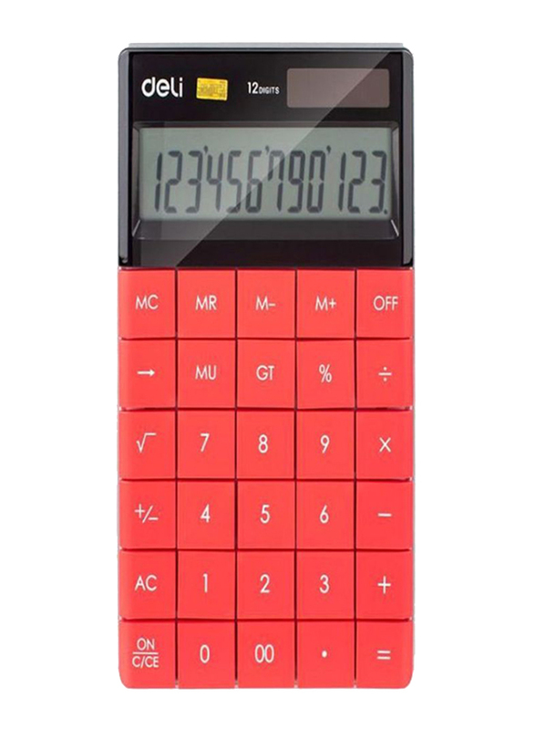 Deli 12-Digit Modern Basic Calculator, Red/Black/Silver