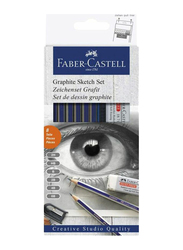 Faber-Castell 8-Piece Graphite Sketch Wooden Pencil Set, with Sharpener and Eraser, White/Grey/Purple