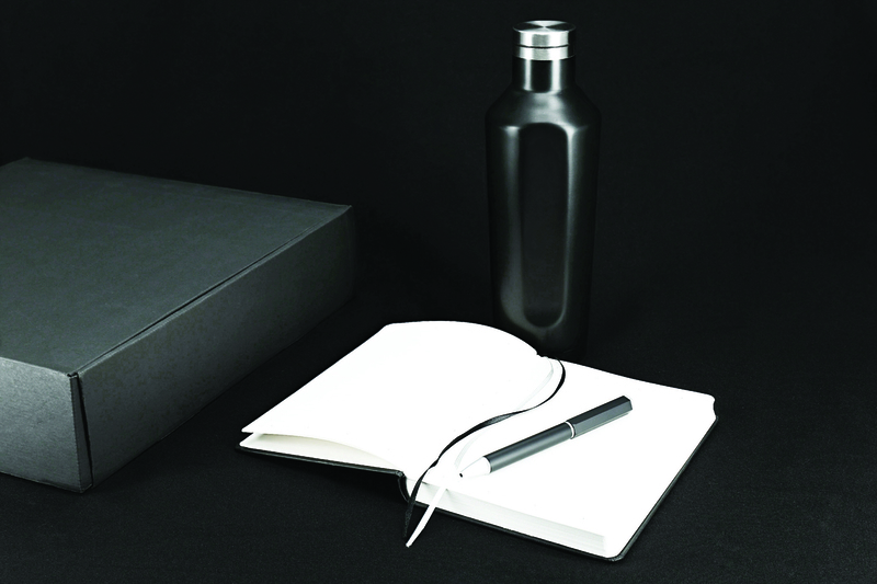 Santhome 3-Piece Consisting Water Bottle Gift Set, with Pen and Notebook, Black