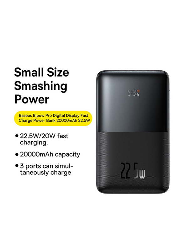 Baseus 20000mAh Bipow Pro Digital Display Fast Charge Power Bank for Samsung Huawei, Black