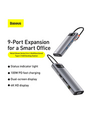 Baseus 9-in-1 USB C Hub Docking Station Adapter with 4K HDMI for MacBook Pro/Microsoft Surface Pro/Apple iPad Pro, Grey