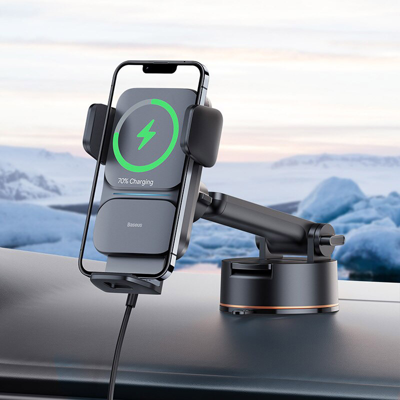 Baseus 15W Wisdom QI Auto Alignment Car Mount Wireless Charger with Suction, Black