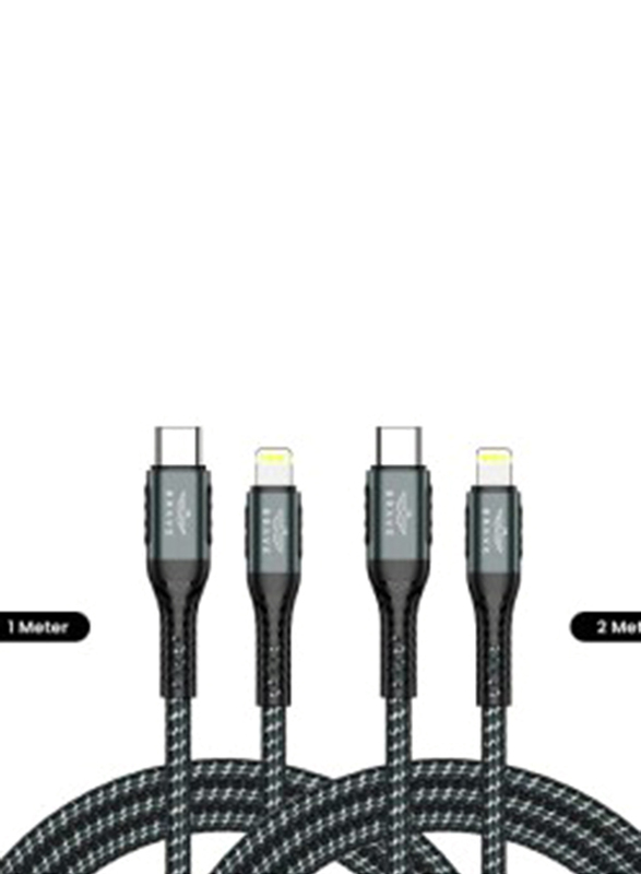 Brave 2-Piece 1+2 Meter 3.1A Fast Charging 30W 2-in-1 Lightning Nylon Braided Data Cable, USB-Type-C to Lightning for Apple Devices, Black