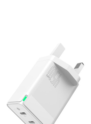 Brave Gan Series Dual Type-C Fast Charging Wall Adapter, Type-C to Lightning Cable, 45W, White