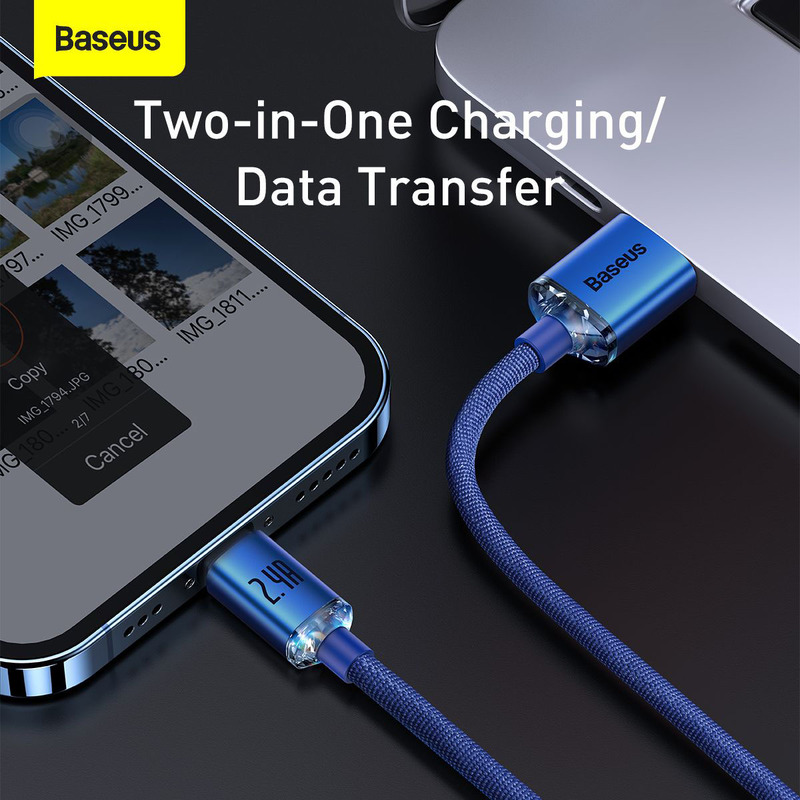 Baseus 1.2-Meter Crystal Shine Fast Charging Data 2.4A Lightning Cable, USB Type A to Lightning for Smartphones/Tablets, Blue