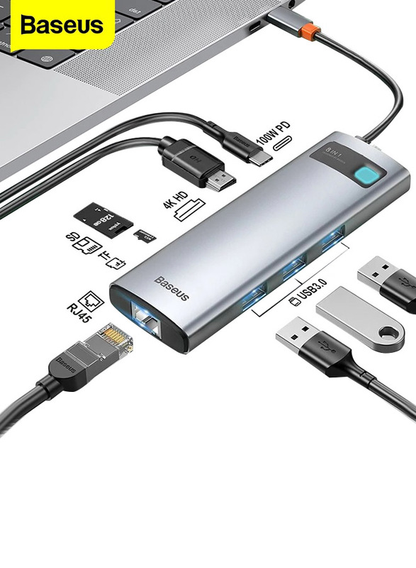 Baseus 8-in-1 Type C HUB Dock for MacBook Pro Air USB C Splitter, Grey