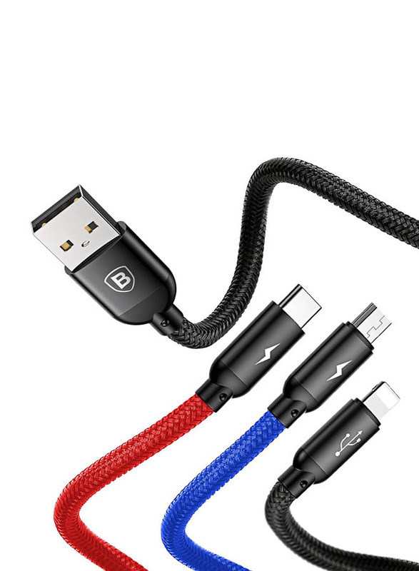 Baseus 1.2-Meter 3 Primary Color 3-in-1 Charging Cable 3.5A, USB A Male to Micro USB/USB Type-C/Lightning Port for Smartphones/Tablets, Black