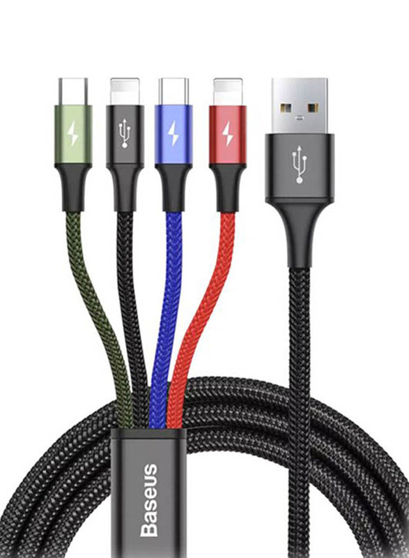Baseus 1.2-Meter Rapid Series 4-in-1 Charging Cable 3A, USB A Male to Micro USB/Type-C/2 x Lightning Port for Smartphones/Tablets, Black