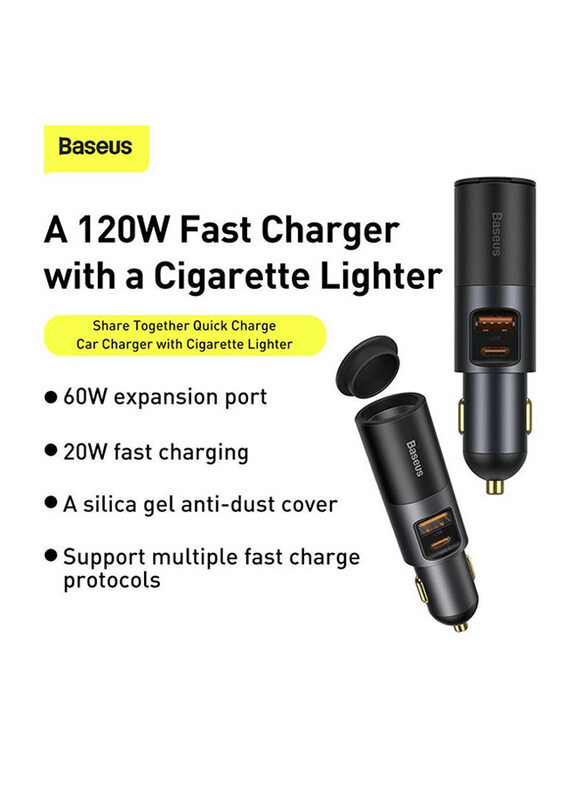 Baseus 120W Fast Charging USB C Car Charger for Smartphones/Tablets/Switch, Black