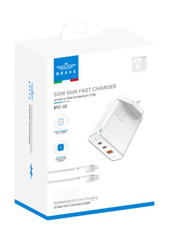 Brave Gan Series 3-Port Fast Charger with Dual Type-C and Usb Port, Type-C to Lightning Cable, 65W, White