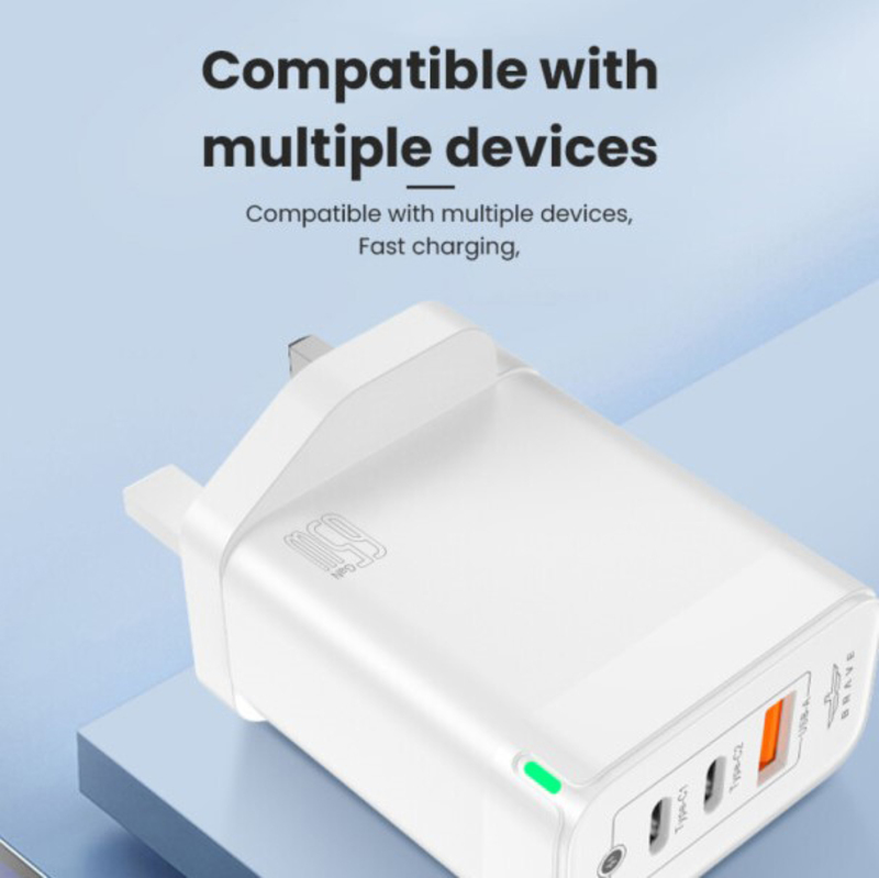 Brave Gan Series 3-Port Fast Charger with Dual Type-C and Usb Port, Type-C to Lightning Cable, 65W, White