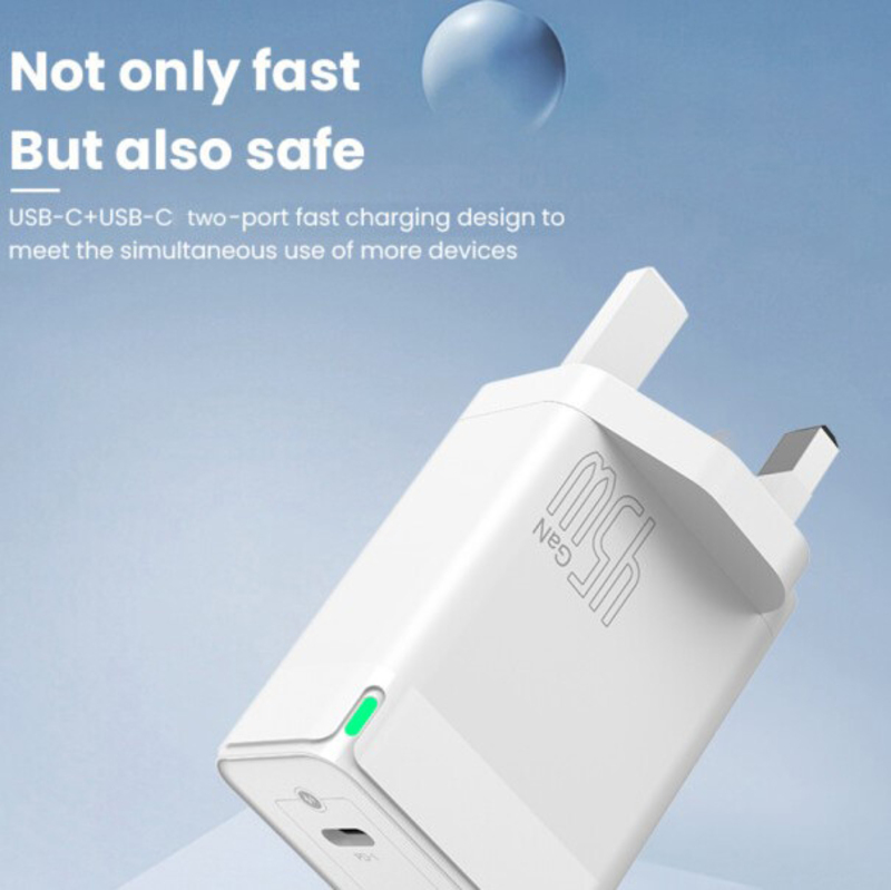 Brave Gan Series Dual Type-C Fast Charging Wall Adapter, Type-C to Lightning Cable, 45W, White