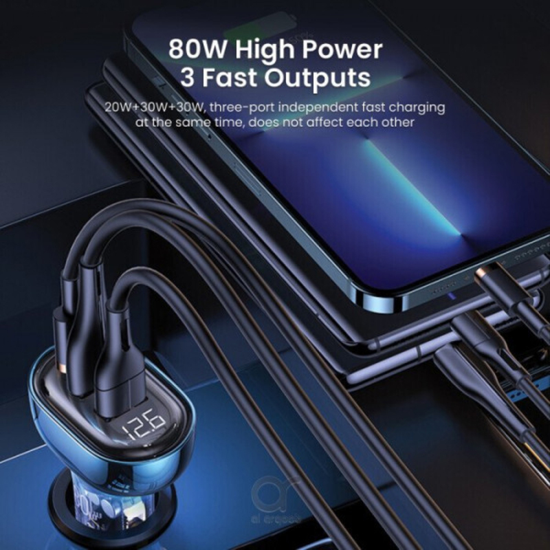 Brave PD + Dual QC, 3 Fast Charging 3-Ports Transparent Digital Display Car Charger, 80W, Black