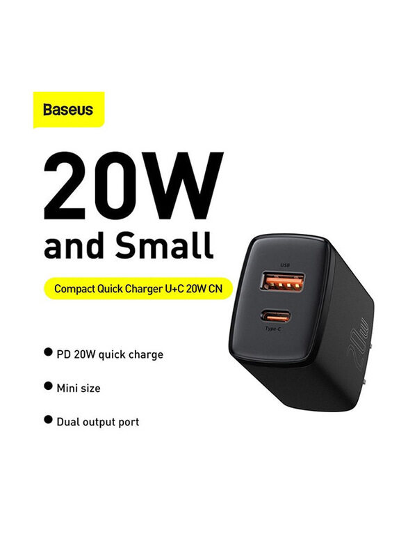 

Baseus 20W Dual Port USB C PD Fast Charger for iPhone Devices, Black