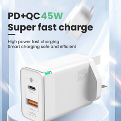 Brave Gan Series PD 3.0 Usb-C 2-Port Fast Charger Wall Adapter, 45W, Type-C to Type-A Cable, White