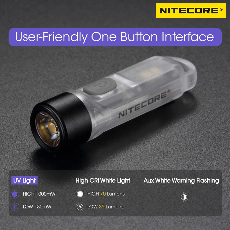 Nitecore Tiki UV USB Rechargeable Keychain Flashlight, Clear