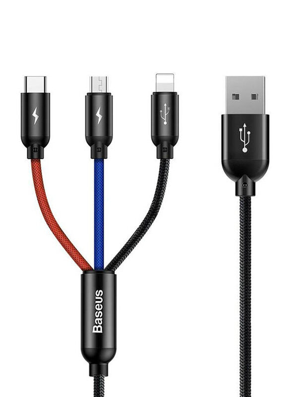 

Baseus 1.2-Meter 3 Primary Color 3-in-1 Charging Cable 3.5A, USB A Male to Micro USB/USB Type-C/Lightning Port for Smartphones/Tablets, Black