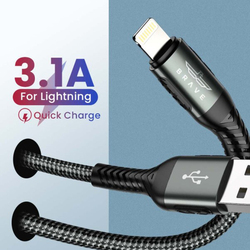 Brave 2-Piece 1+2 Meter 3.1A Fast Charging 30W 2-in-1 Lightning Nylon Braided Data Cable, USB-Type-A to Lightning for Apple Devices, Black