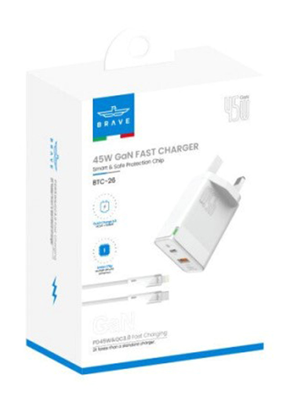 Brave Gan Series PD 3.0 Usb-C 2-Port Fast Charger Wall Adapter, 45W, Type-C to Type-A Cable, White