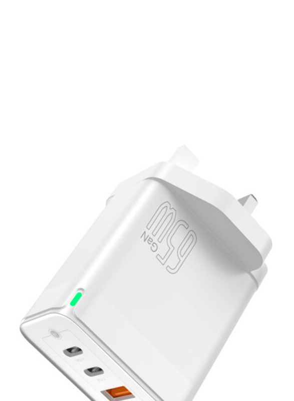 Brave Gan Series 3-Port Fast Charger with Dual Type-C and Usb Port, Type-C to Lightning Cable, 65W, White