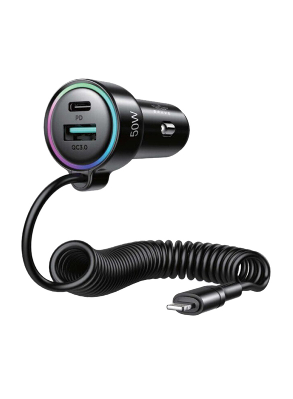 Brave PD QC3.0 Super Fast 3-Port Lightning Coiled Cable Car Charger, 50W, Black