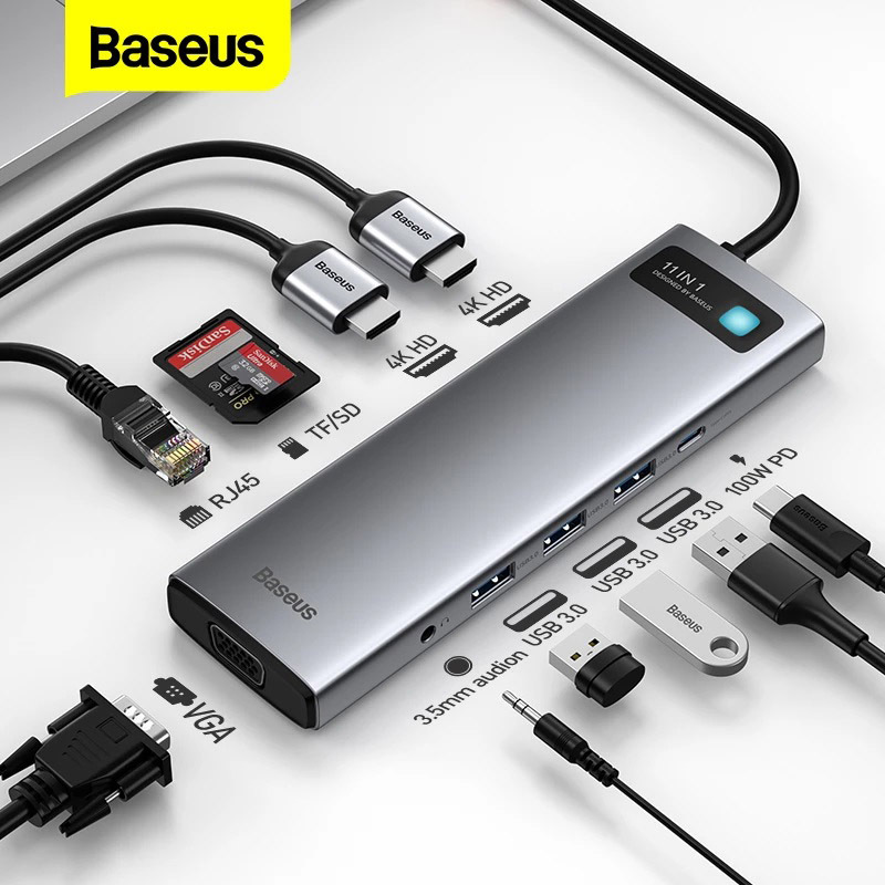 Baseus 11-in-1 USB C Hub Docking Station Adapter with 4K HDMI for MacBook Pro/Microsoft Surface Pro/Apple iPad Pro, Grey