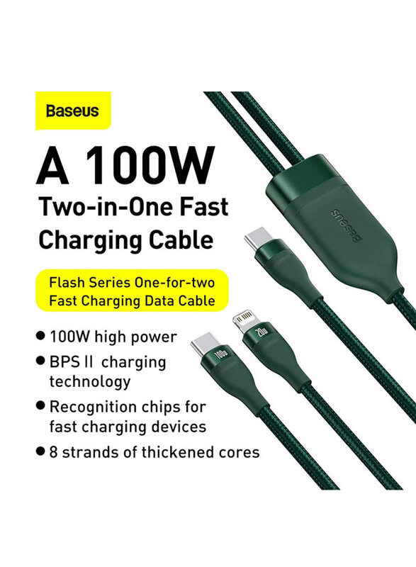 

Baseus 1.2-Meter Flash Series 2-in-1 Cable, USB C to C and Lightning Cable for Apple 13/12/11 Series/MacBook/iPad/Xiaomi/Samsung/Huawei, Green