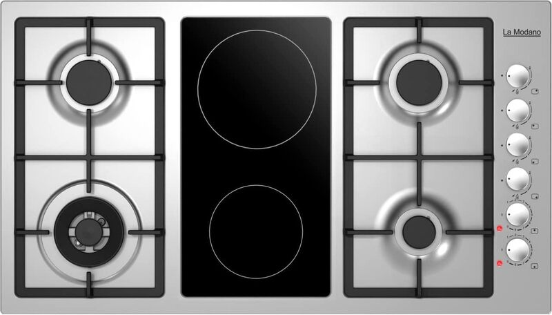 La Modano Stainless Steel Gas & Electric Hobs 90 CM With Knob Control, 4 Burners, 2 Ceramic Heating Zones, FFD, Cast Iron Pan Supports, Automatic Ignition, Nickel Knobs, LMBH904GV Silver