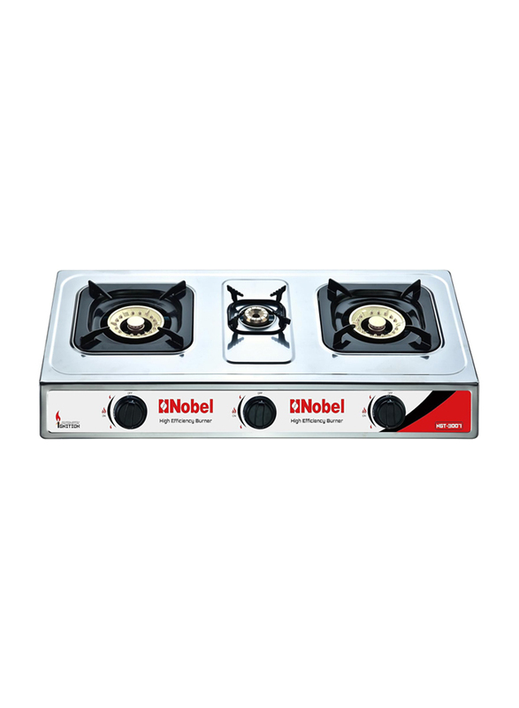 

Nobel Cold Steel Paint Finish Look 3-Brass Burners Gas Stove with Piezo Ignition, NGT3007, Silver