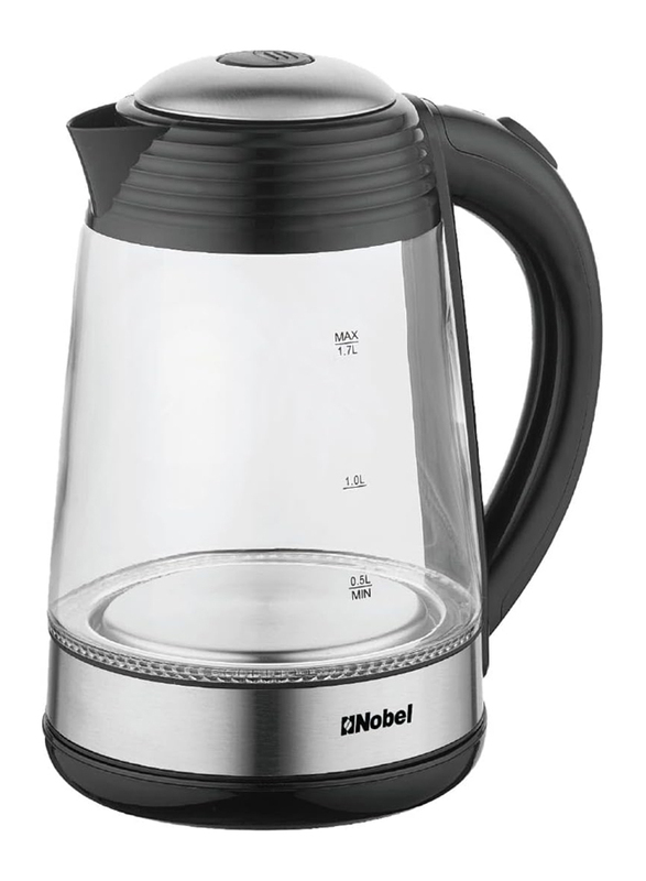 Nobel 1.7L Kettles Glass with LED Light Stainless Steel Heating Element and 3-Step Safety Protection, 700W, NK170GK, Silver