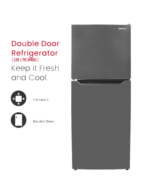 Nobel R600a No Frost Double Door Refrigerators Refrigerant Temperature Control Inside Light Inside Condenser Glass Shelf with Bottle Rack Freezer Shelf, 280L, NR280NF, Dark Silver