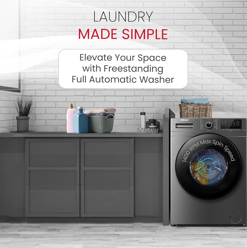 Nobel 8 KG Front Load Fully Automatic Washer, 16 Number of Program, Inverter Motor, Stainless Steel Tub, LED Display, Over Flow Safety, NWM960RH, Silver